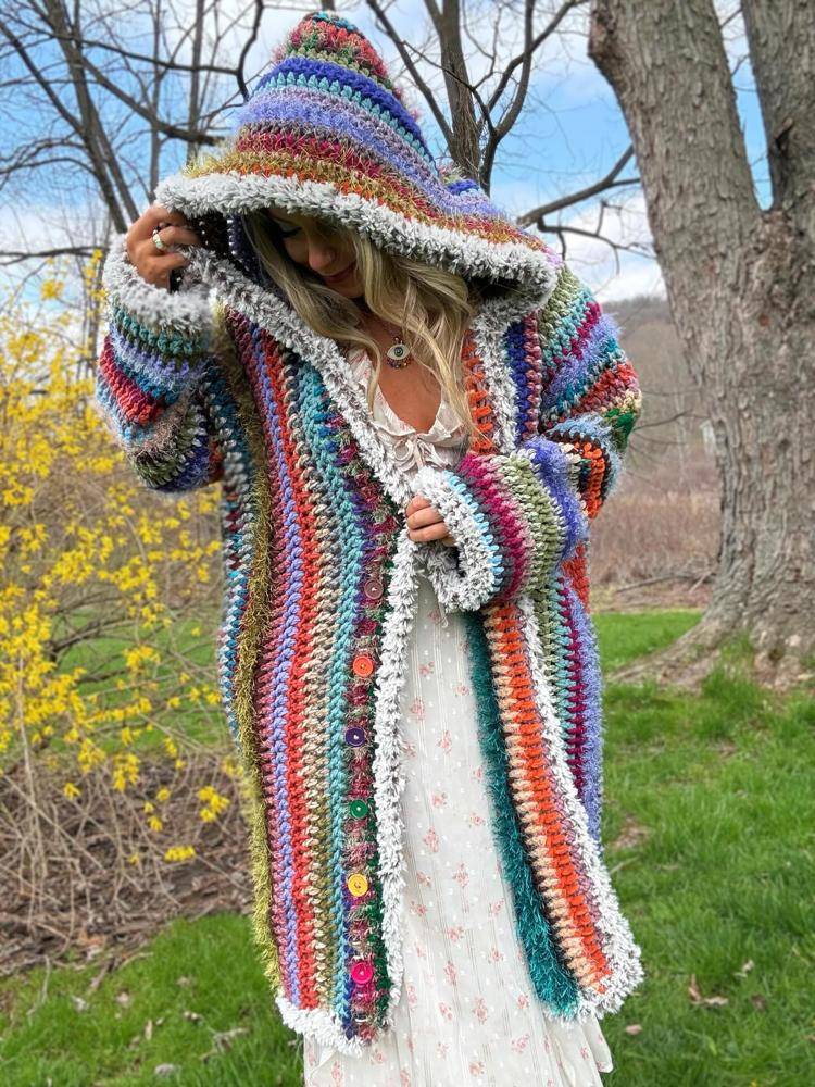 Bohemian Striped Crochet Hooded Cardigan