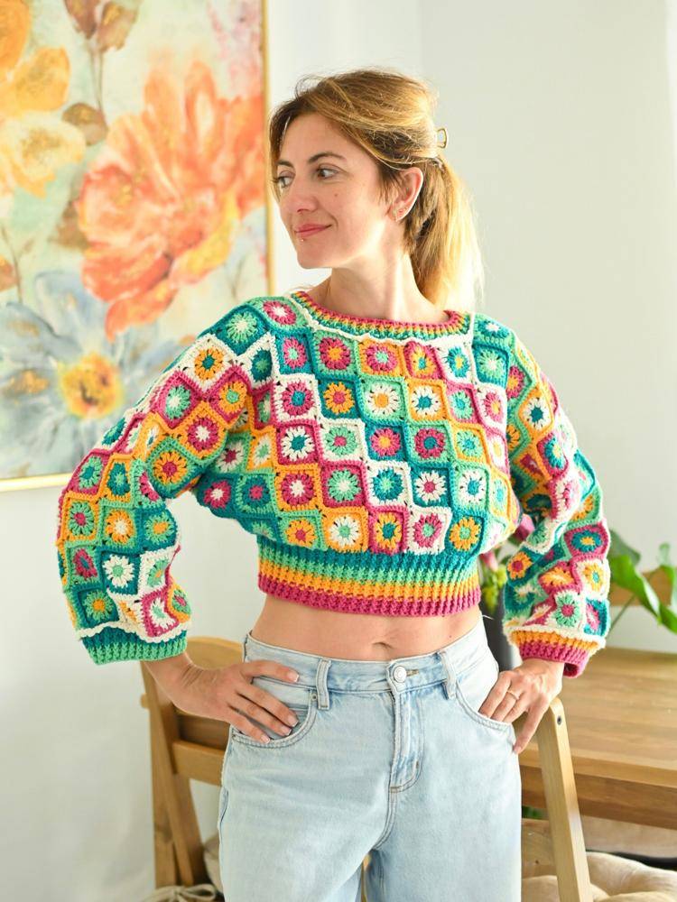 Boho Granny Square Crochet Cropped Sweater