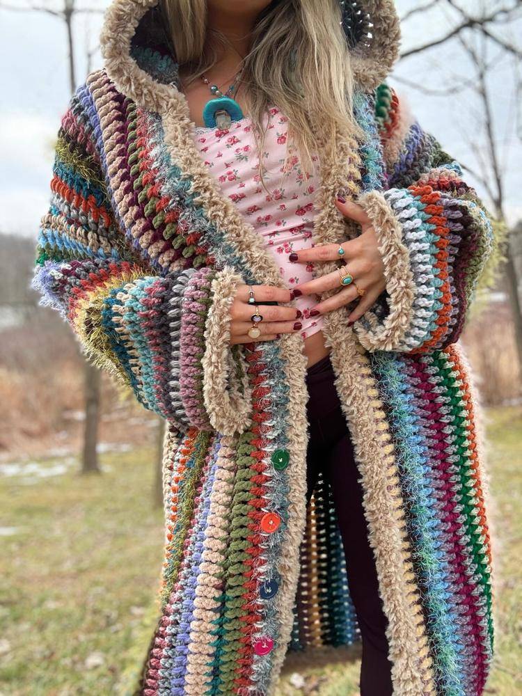 Boho Multicolor Crochet Cardigan with Faux Fur Trim