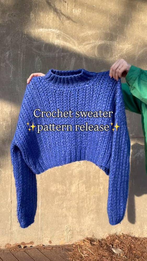 Bold Blue Ribbed Crochet Cropped Sweater