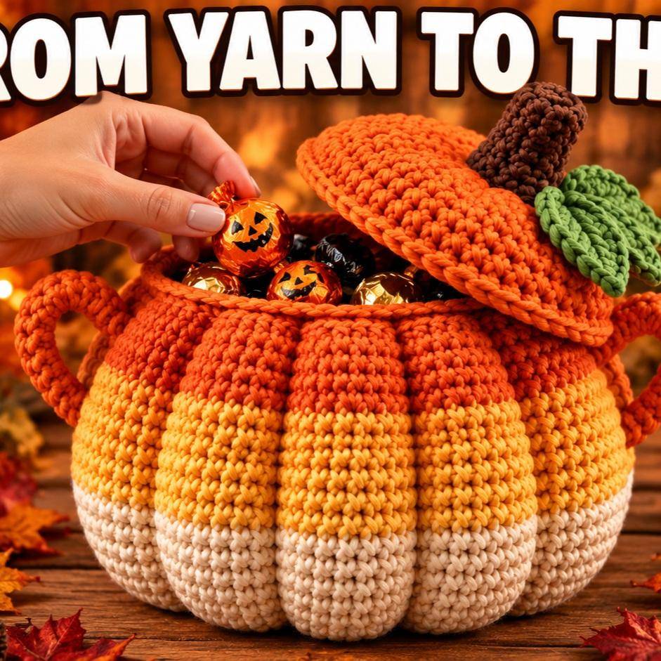 Candy Corn Pumpkin Crochet Basket with Lid