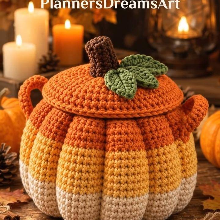 Candy Corn Pumpkin Crochet Basket with Lid