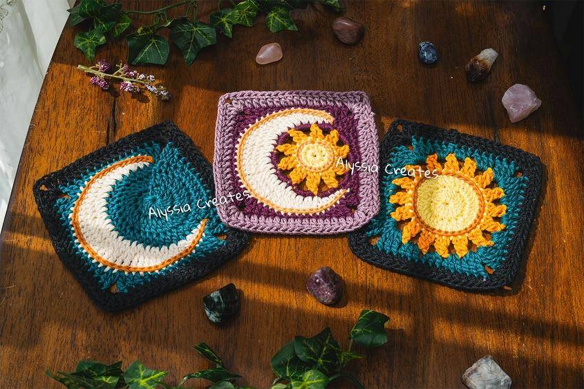 Celestial Sun and Moon Crochet Granny Squares