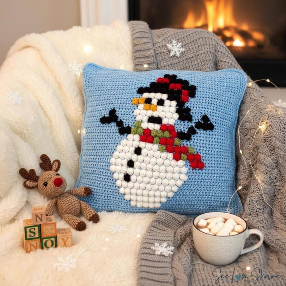Charming Bobble Stitch Snowman Crochet Pillow