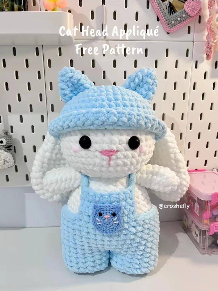 Charming Crochet Bunny with Cat Overalls Applique
