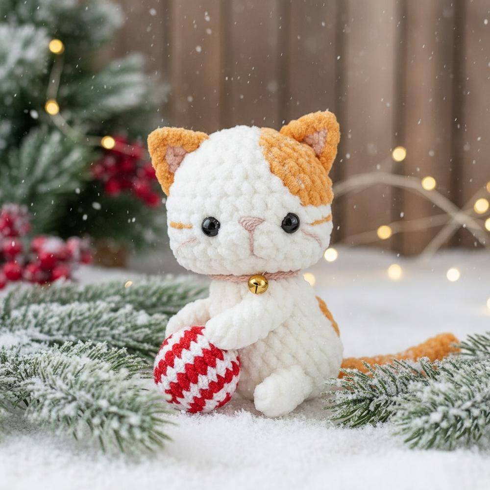 Charming Crochet Cat with Holiday Ball Ornament