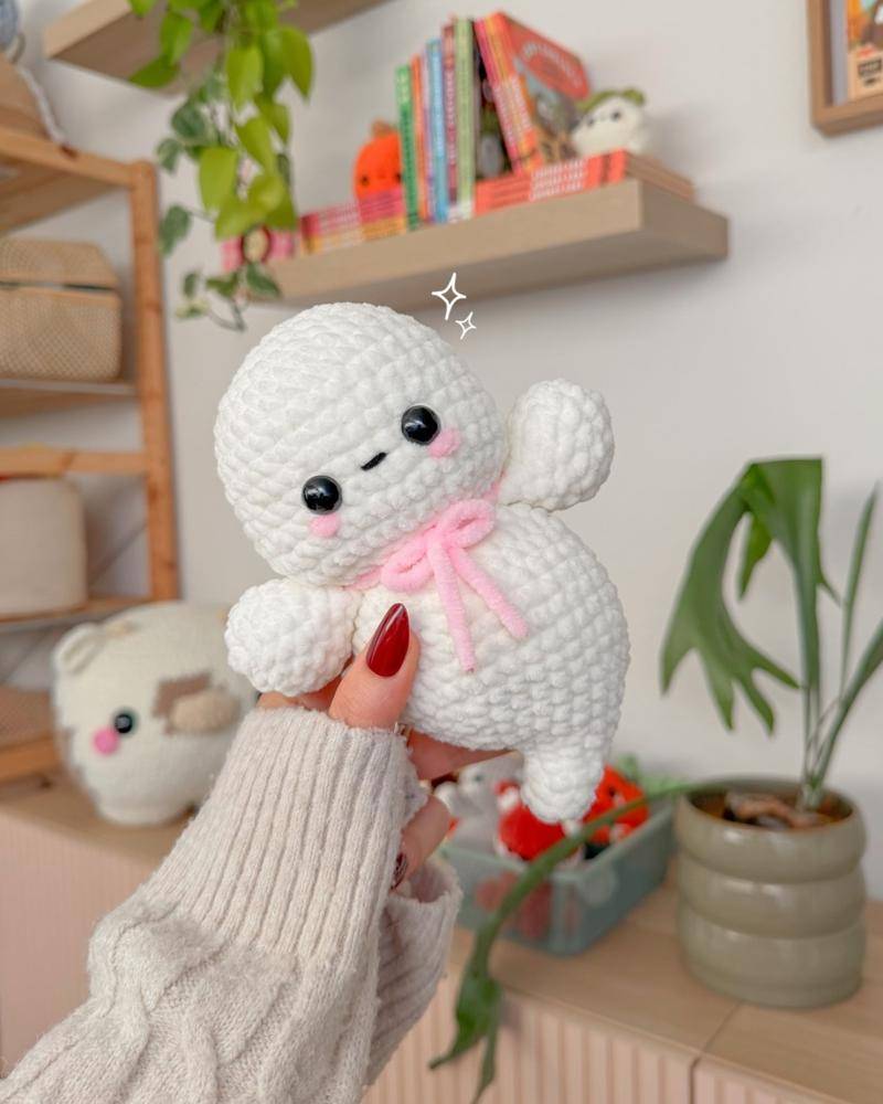 Charming Crochet Ghost Toy with a Pink Bow