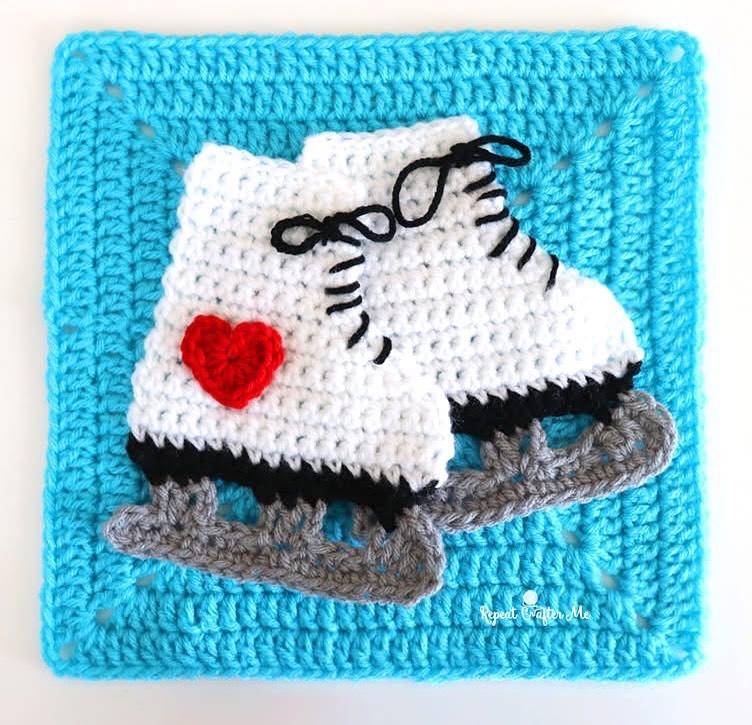 Charming Crochet Ice Skate Applique Square