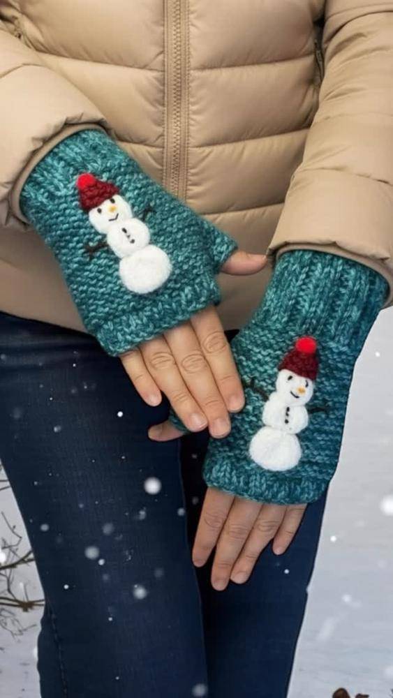 Charming Knitted Snowman Fingerless Gloves