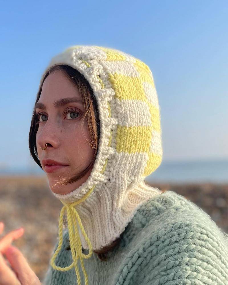 Checkerboard Knit Balaclava Hat