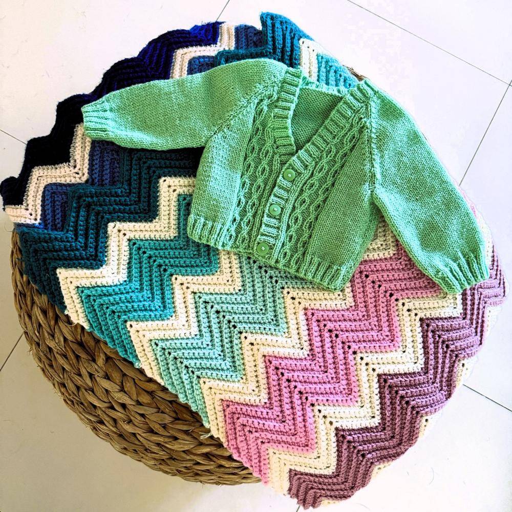 Chevron Crochet Baby Blanket and Knitted Cardigan Set