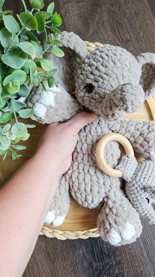 Chunky Crochet Elephant Toy with Wooden Ring
