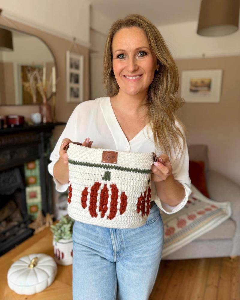 Chunky Crochet Pumpkin Basket with Faux Leather Handles