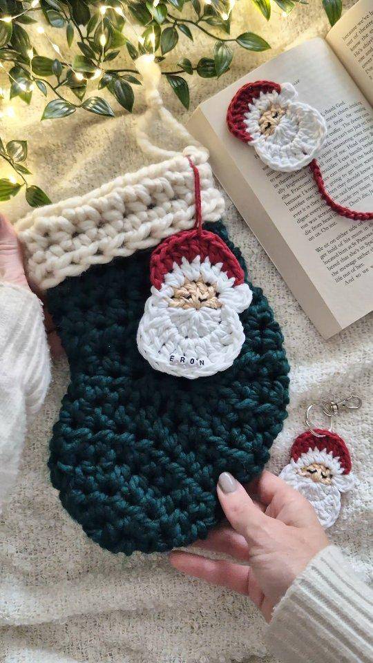 Chunky Crochet Santa Stocking and Ornament Set