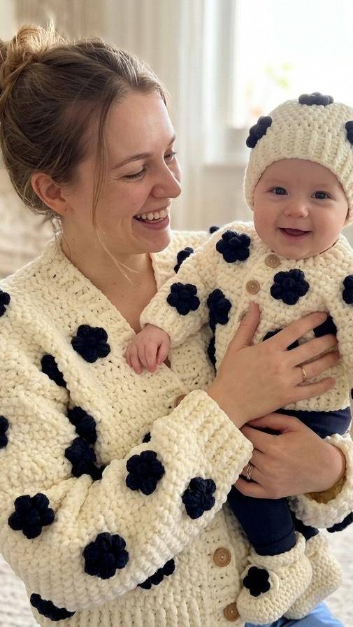 Chunky Knit Cardigan and Hat with Flower Appliques