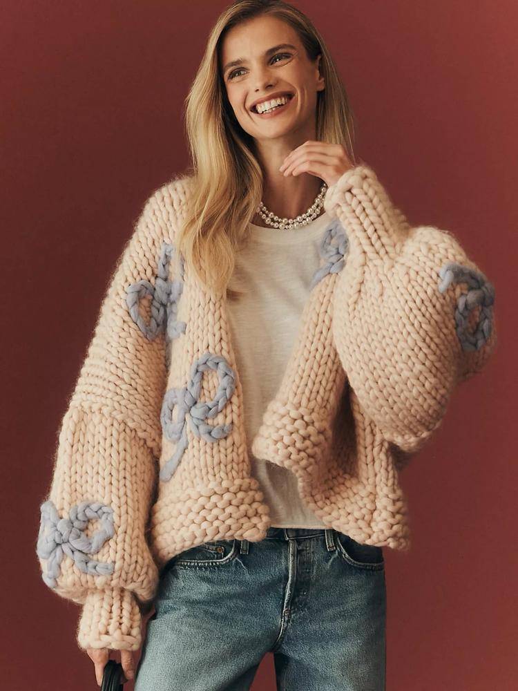 Chunky Knit Cardigan with Textured Appliqué