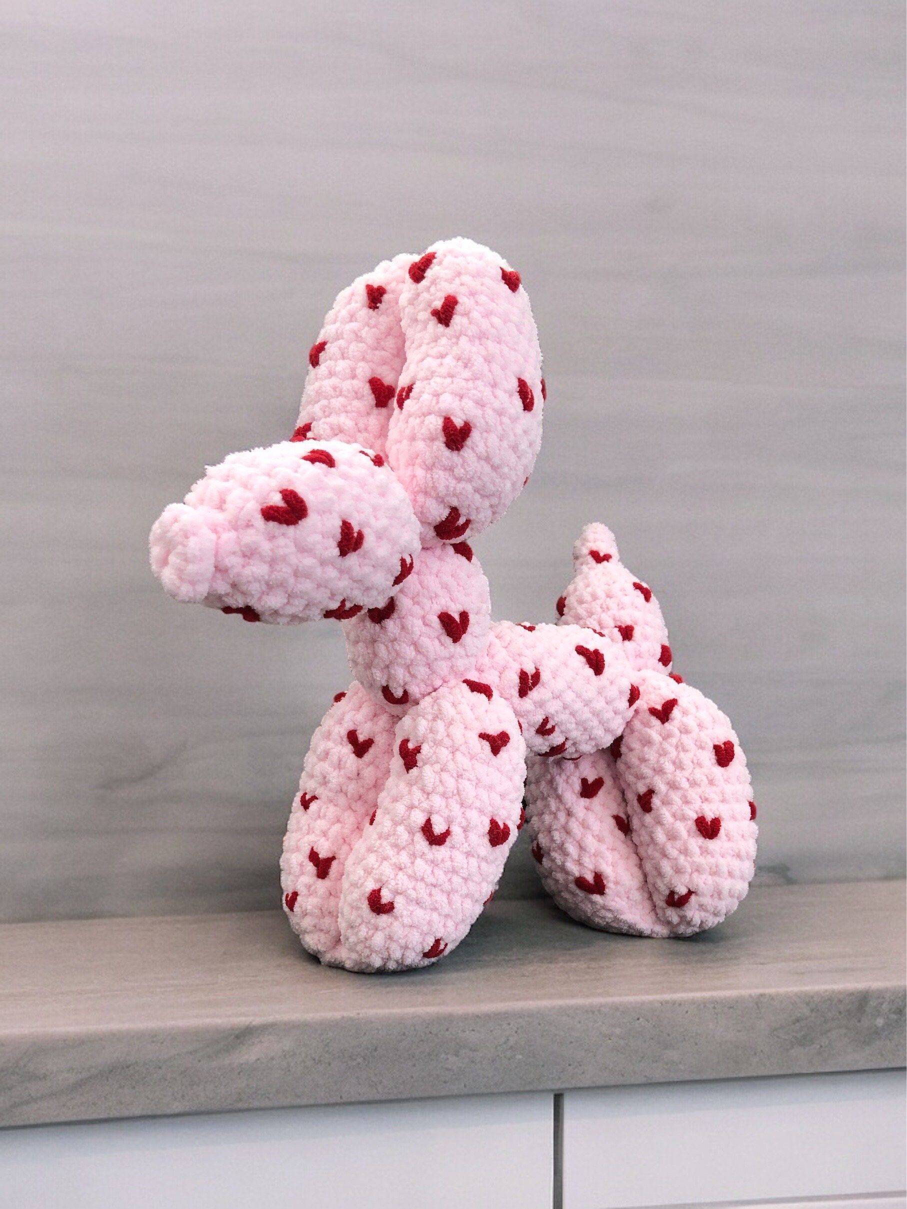 Chunky Pink Crochet Balloon Dog with Embroidered Hearts