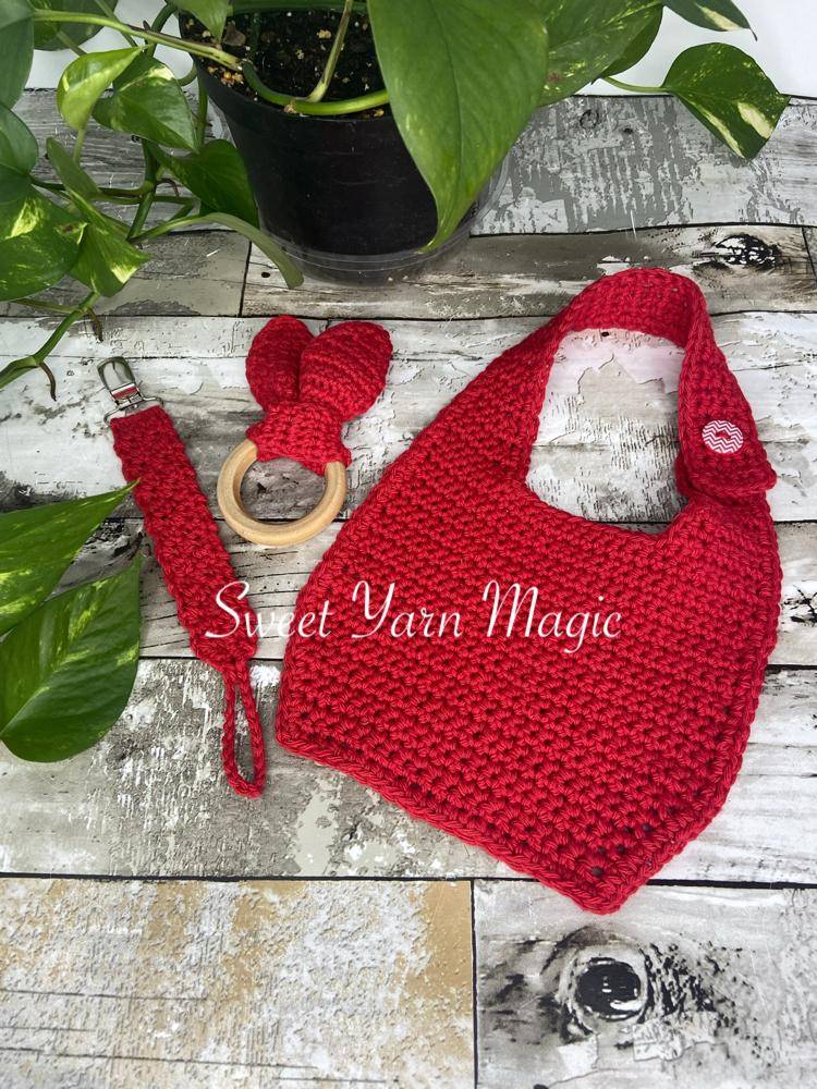 Chunky Red Crochet Baby Bib and Pacifier Clip Set