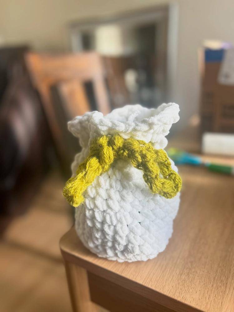 Chunky White Crochet Pouch with Mustard Tie