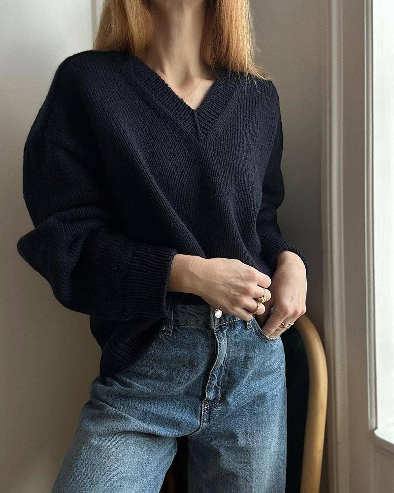 Classic Navy V-Neck Knit Sweater