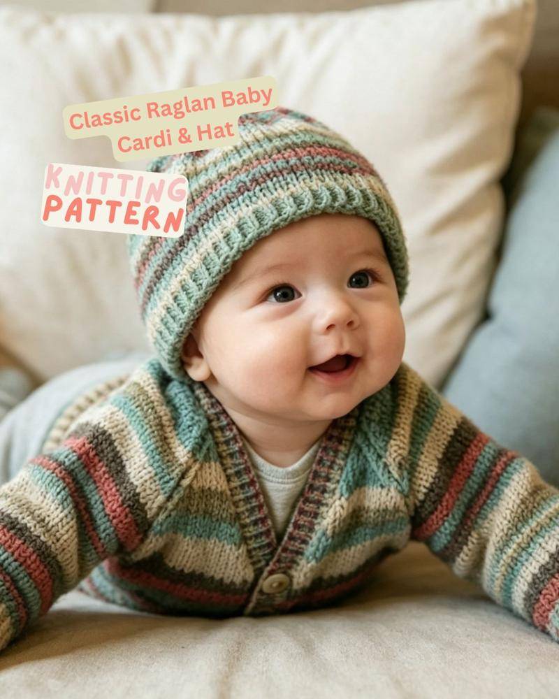 Classic Raglan Baby Cardi & Hat Knitting Pattern