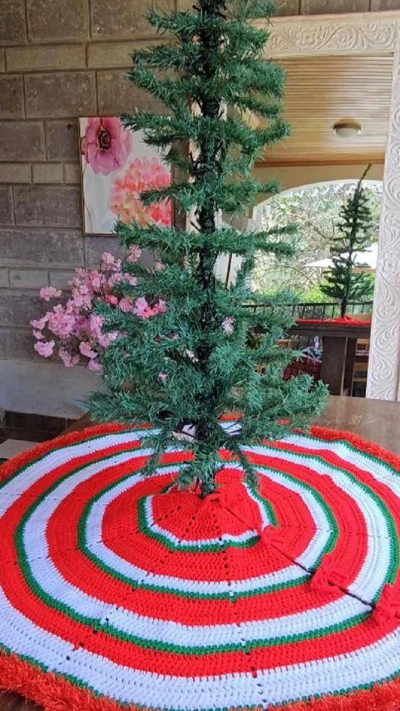 Classic Red, White, and Green Striped Crochet Tree Skirt