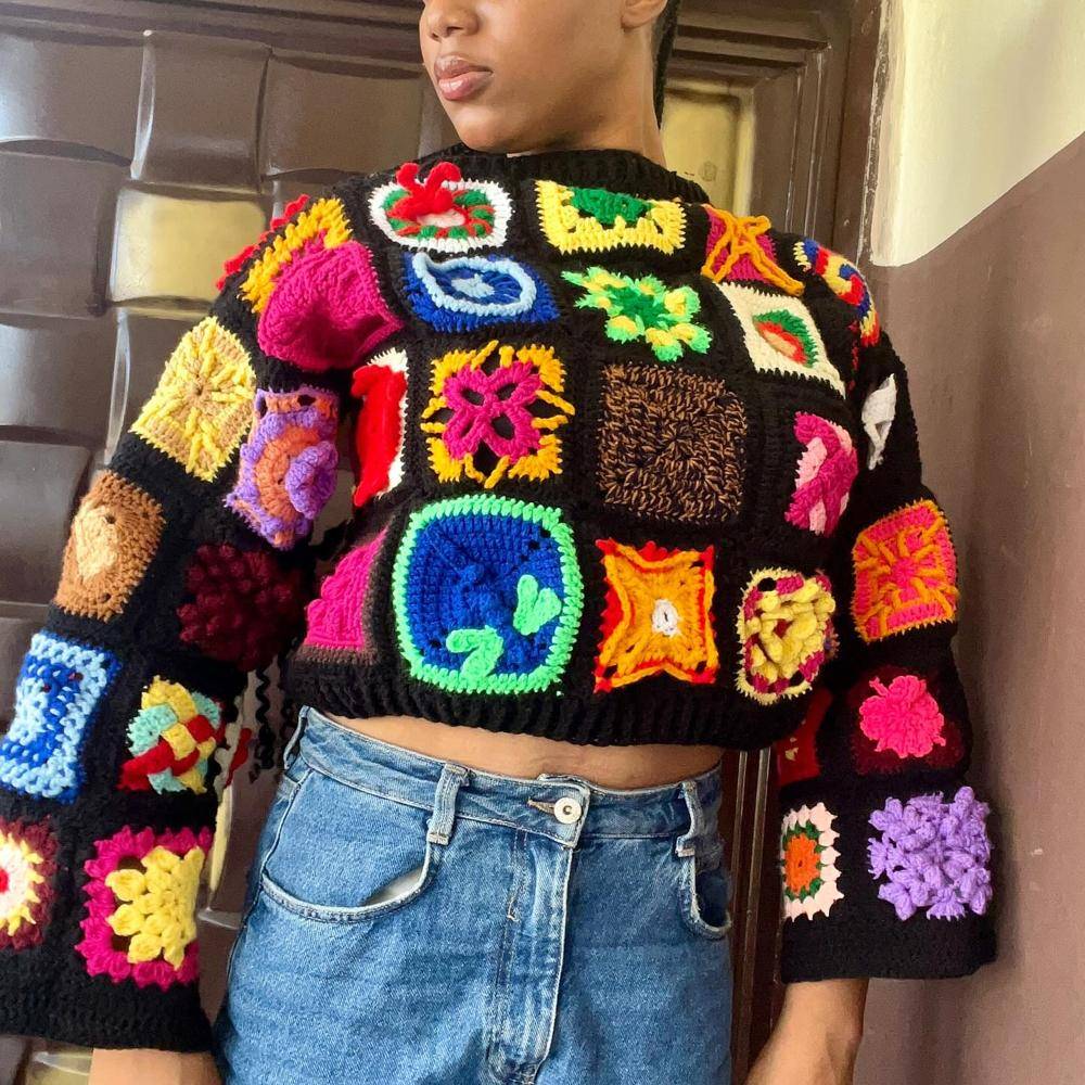 Colorful Crochet Patchwork Cropped Sweater