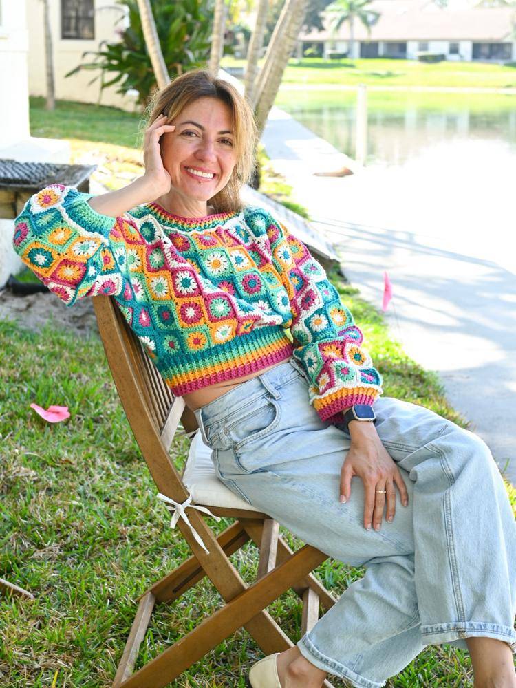 Colorful Granny Square Crochet Cropped Sweater