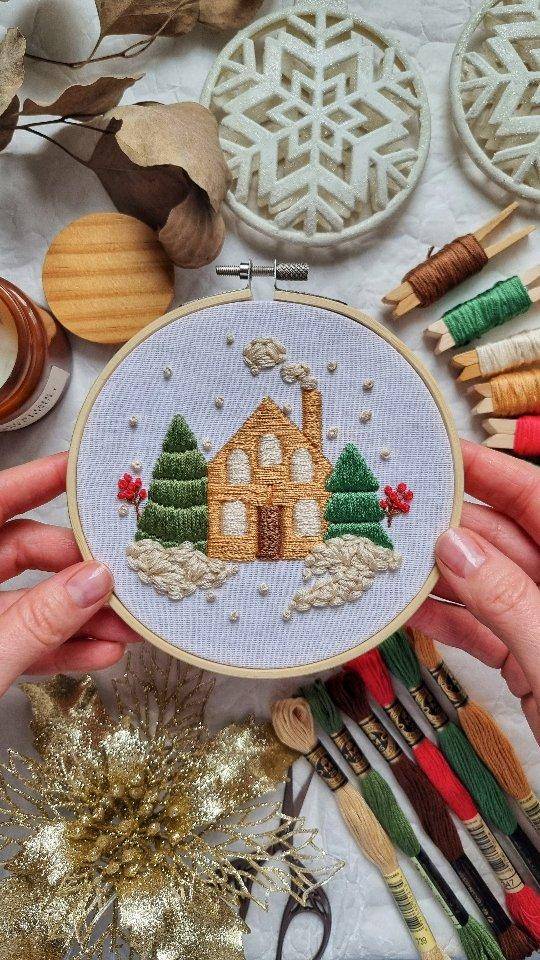 Cozy Christmas Cabin Embroidery Hoop Art