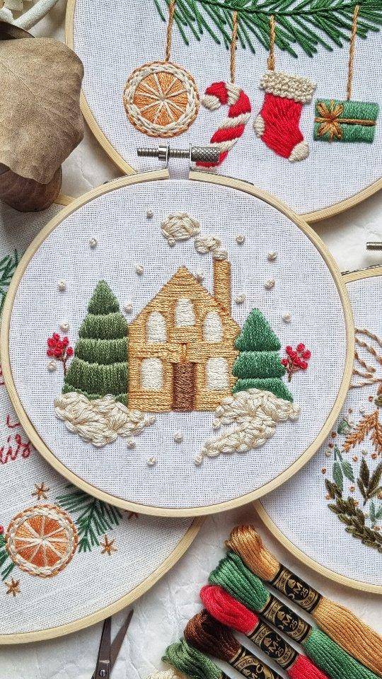 Cozy Christmas Village Embroidery Hoop Art