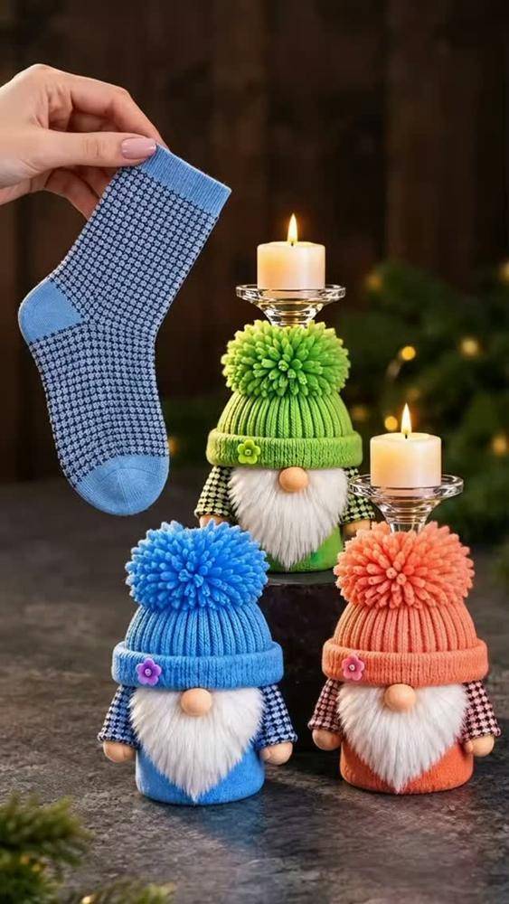 Cozy Sock Christmas Gnome Candle Holders