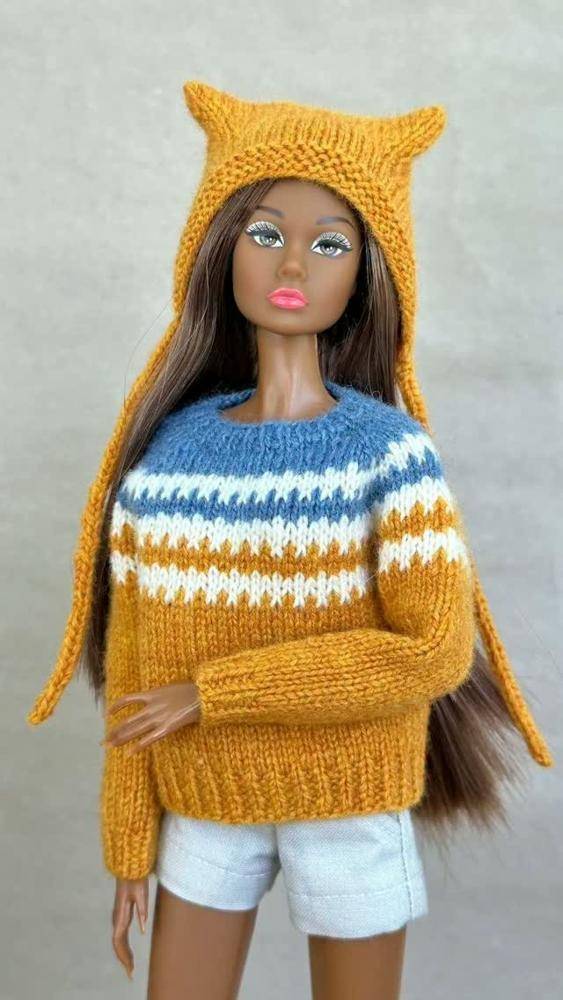 Cozy Striped Knitted Doll Sweater and Hat Set