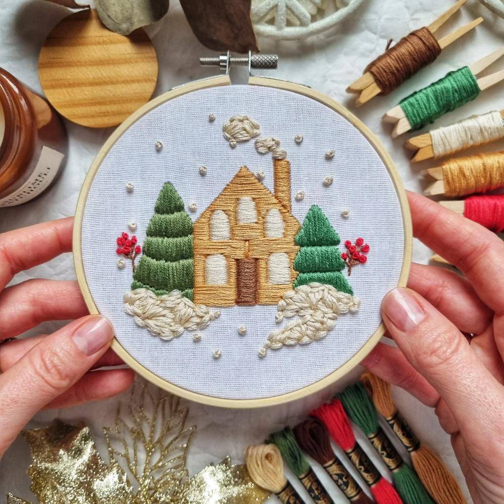 Cozy Winter Cabin Embroidery Hoop Decor
