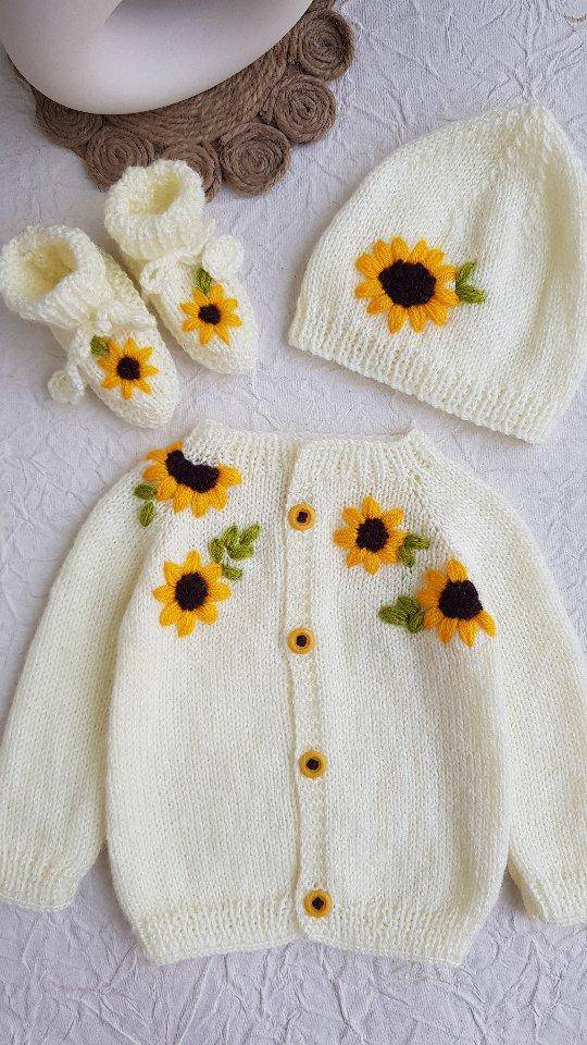 Cream Knit Baby Set with Sunflower Appliqués