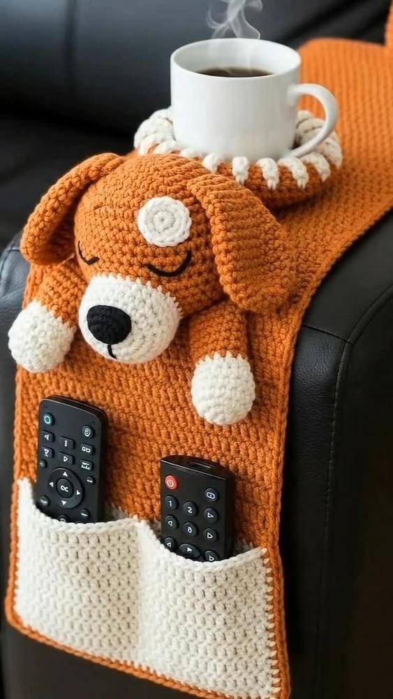 Crochet Armrest Organizer with Adorable Dog Pouch