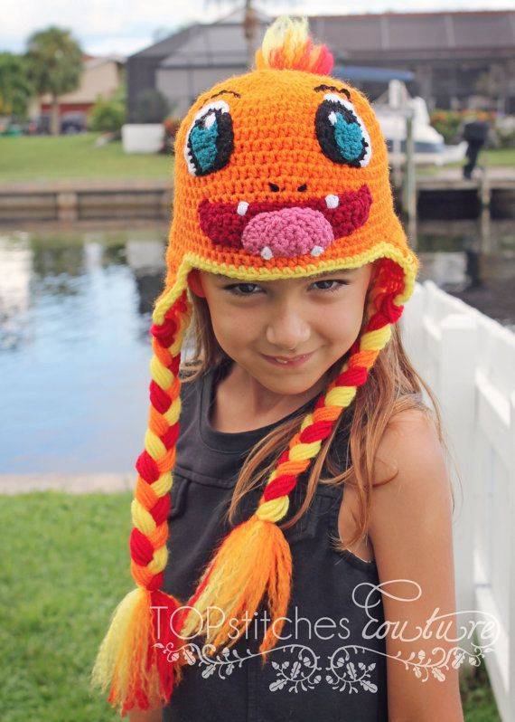 Crochet Charmander Pokemon Hat with Braids