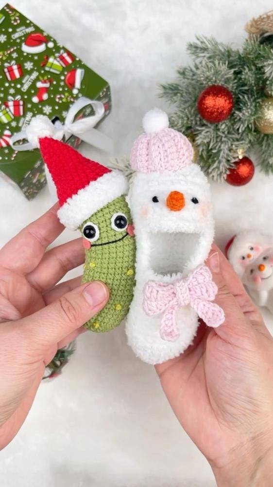 Crochet Christmas Pickle and Snowman Slippers