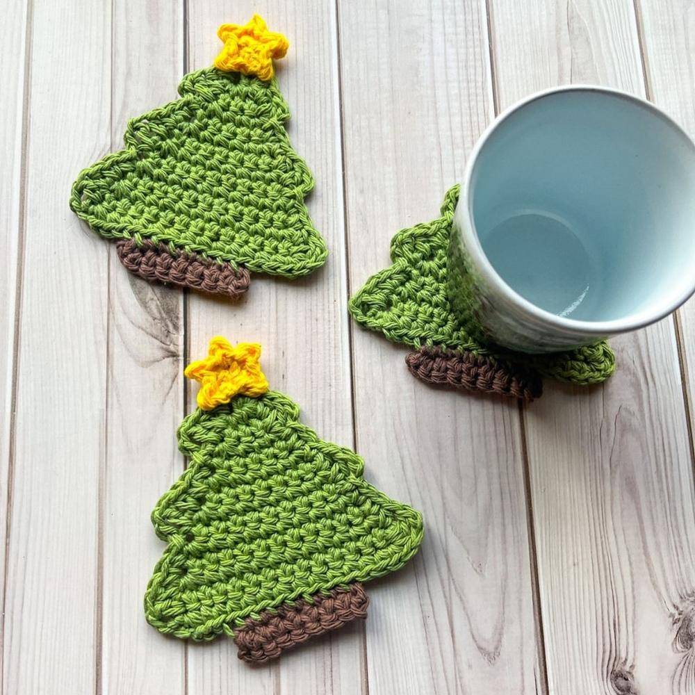 Crochet Christmas Tree Coaster Set