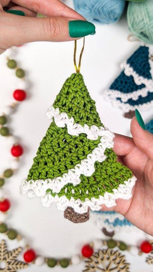 Crochet Christmas Tree Ornament with White Trim