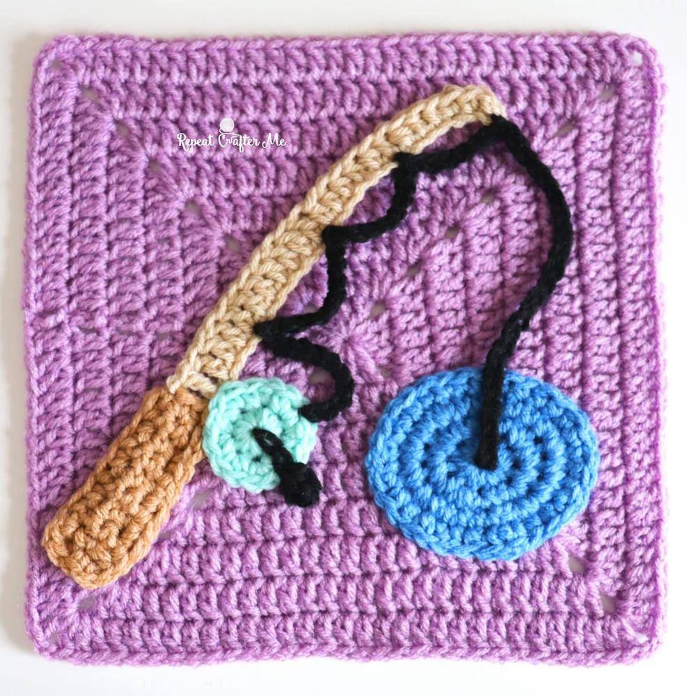 Crochet Fishing Rod Appliqué on Granny Square