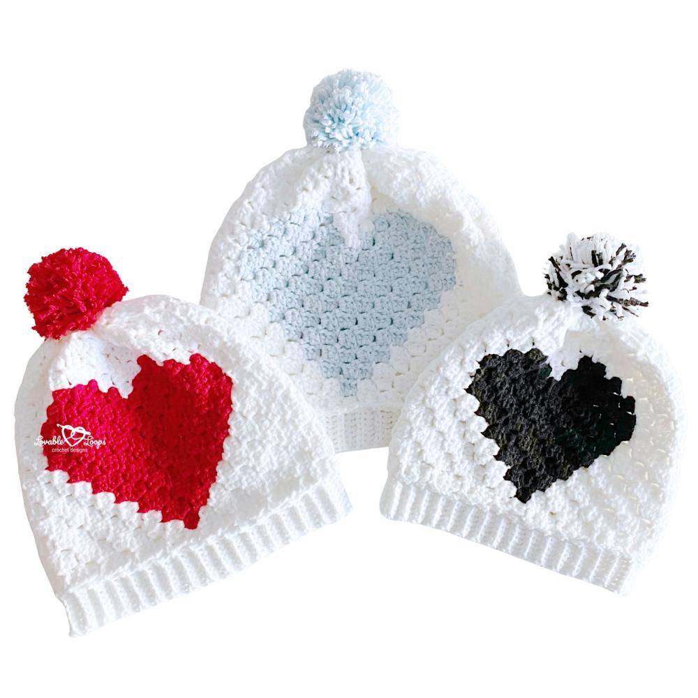 Crochet Heart Beanie with Pom Pom