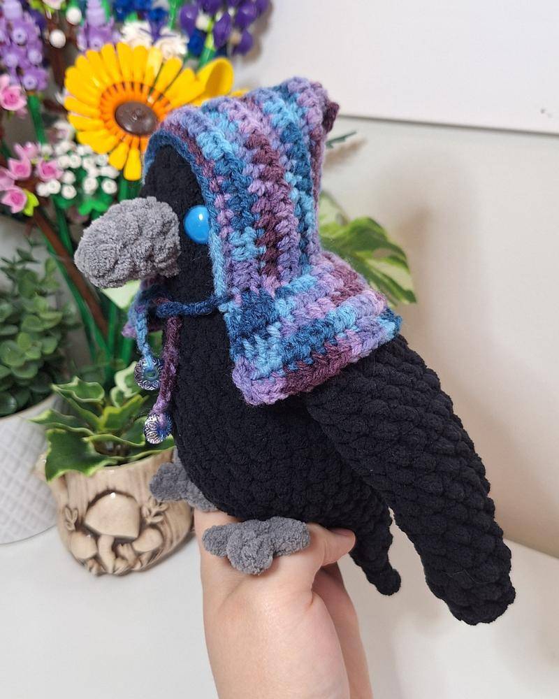 Crochet Raven Amigurumi with Striped Hoodie