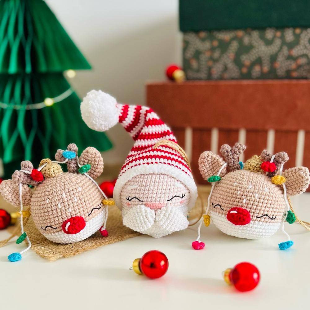 Crochet Santa and Reindeer Christmas Ornaments with Twinkling Lights