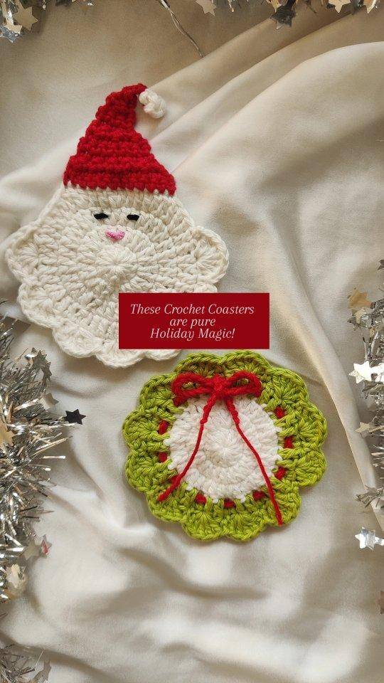 Crochet Santa and Wreath Christmas Coasters