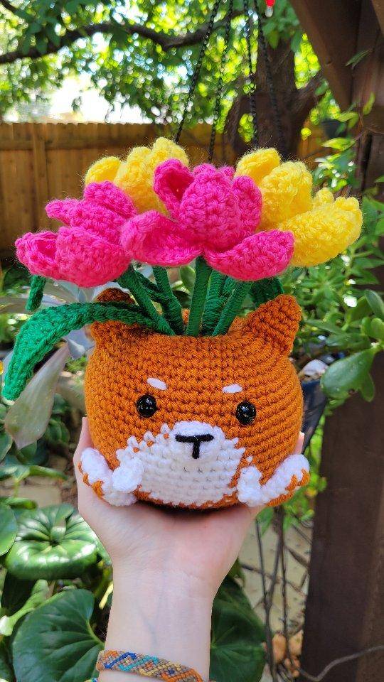 Crochet Shiba Inu Planter with Tulip Bouquet