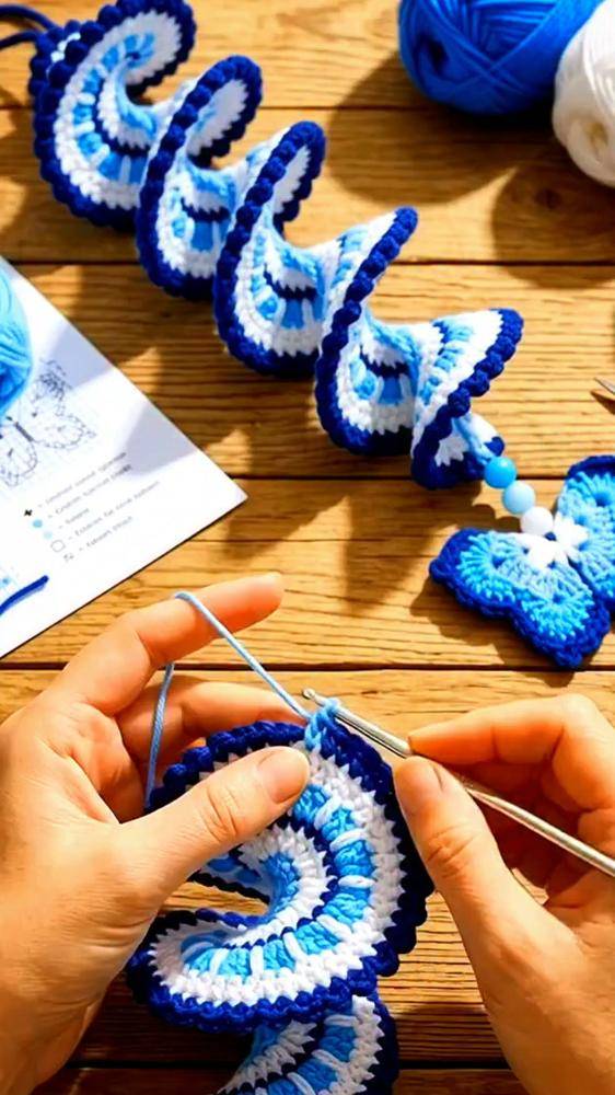 Crocheted Blue and White Spiral Ornament