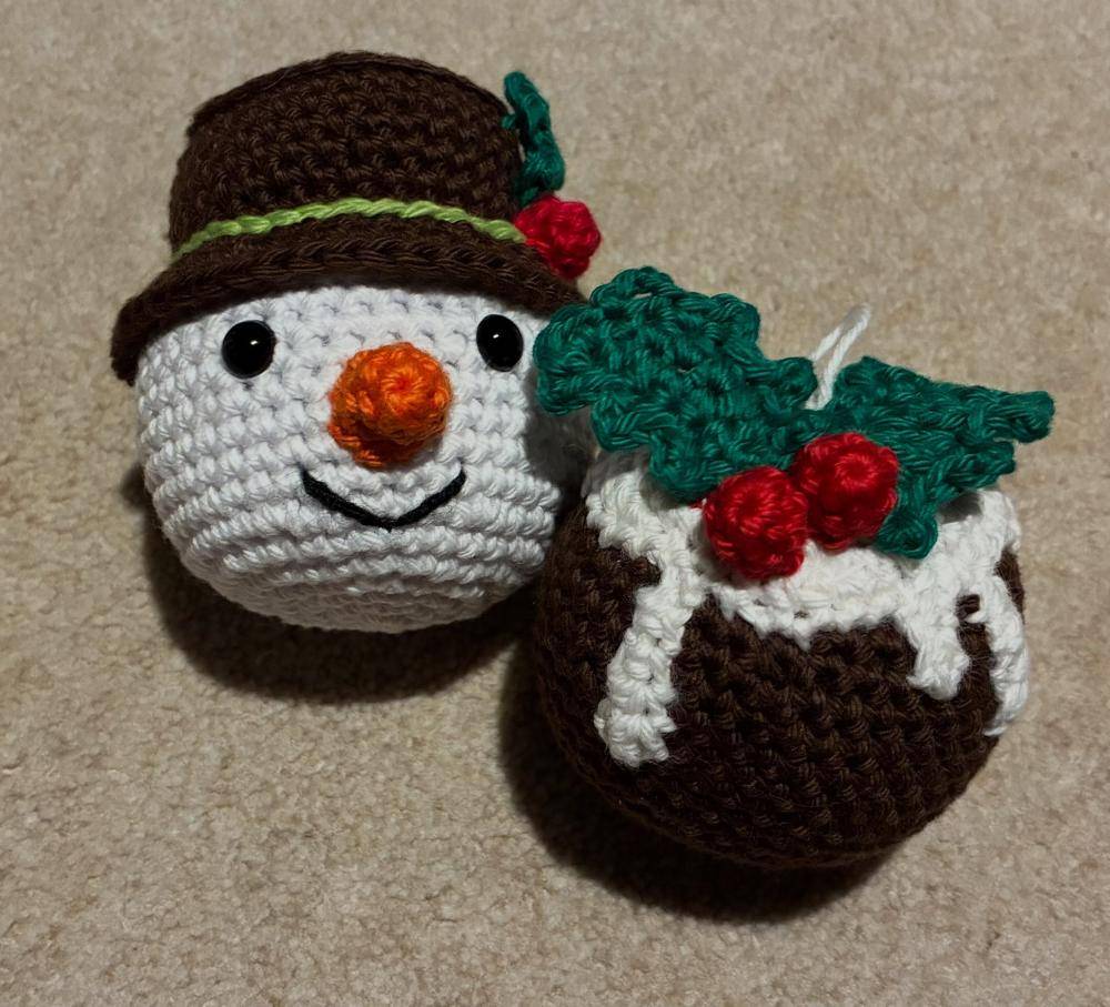 Crocheted Christmas Snowman and Pudding Ornaments