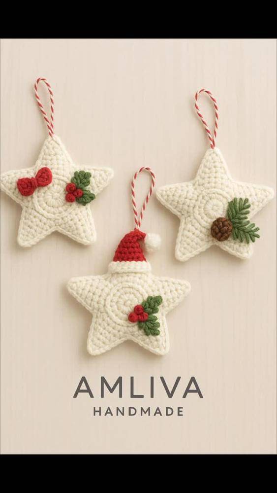 Crocheted Christmas Star Ornaments with Festive Embellishments