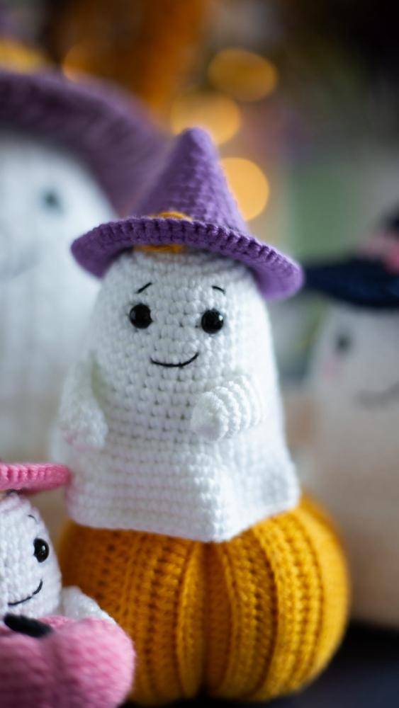 Crocheted Ghost on Pumpkin Amigurumi Toy