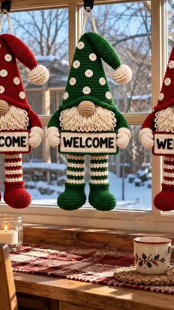Crocheted Holiday Gnome Welcome Sign